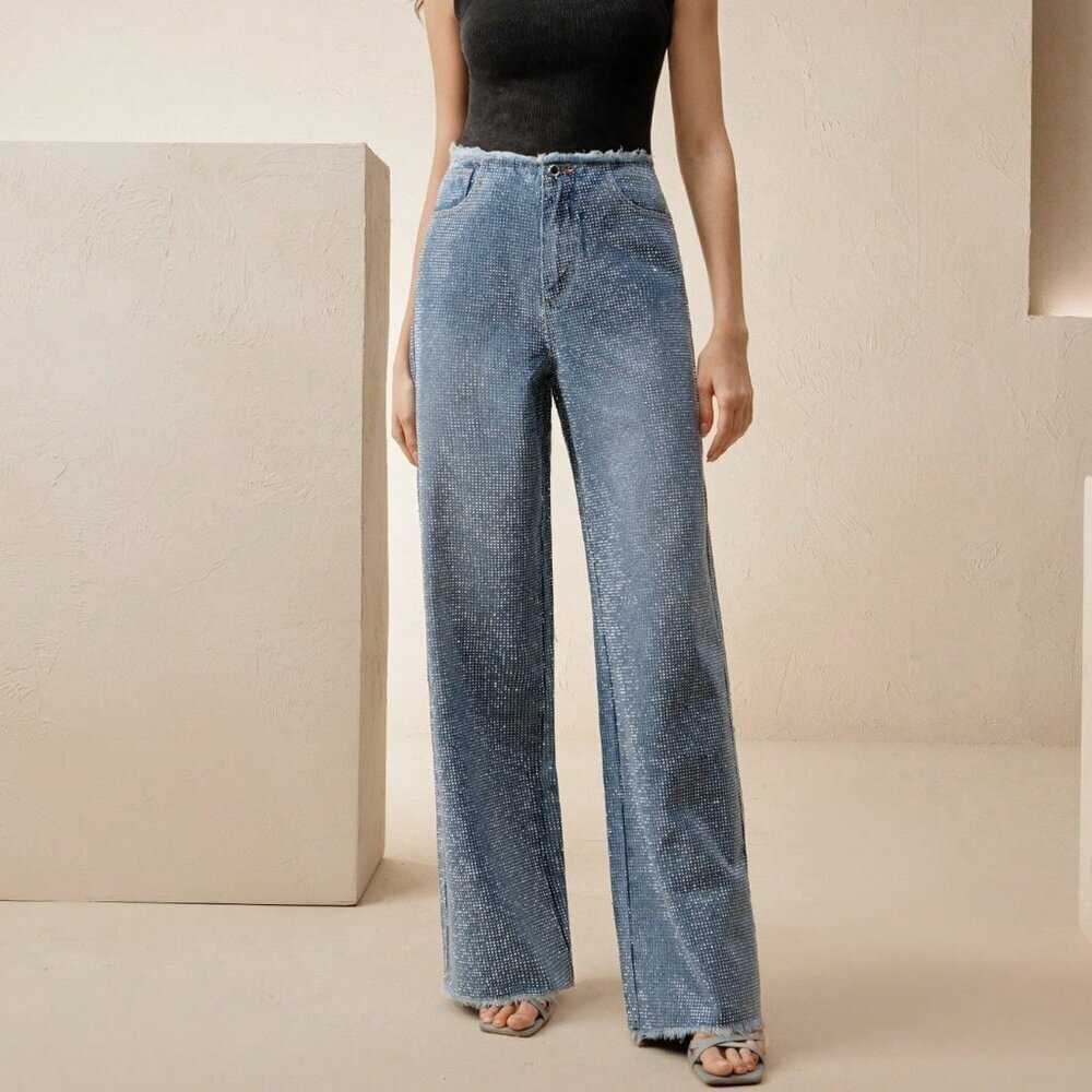 Blue Casual Women's High Stretch Rhinestone Jeans with Frayed Hem